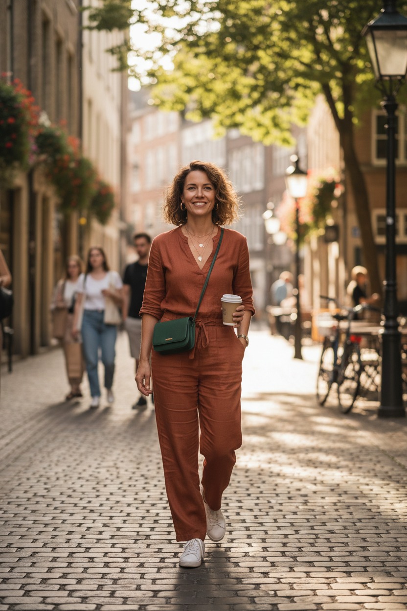 En smilende kvinde i en rustfarvet buksedragt går med en kop kaffe gennem en brostensbelagt gade.